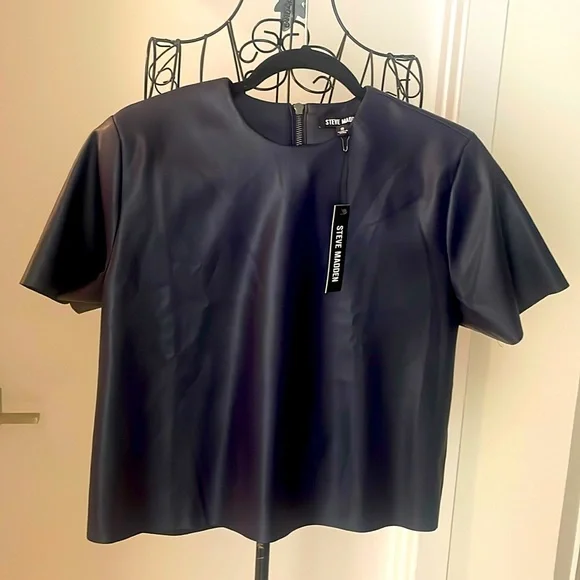 NWT STEVE MADDEN FAUX LEATHER NAVY TOP - Picture 5 of 9